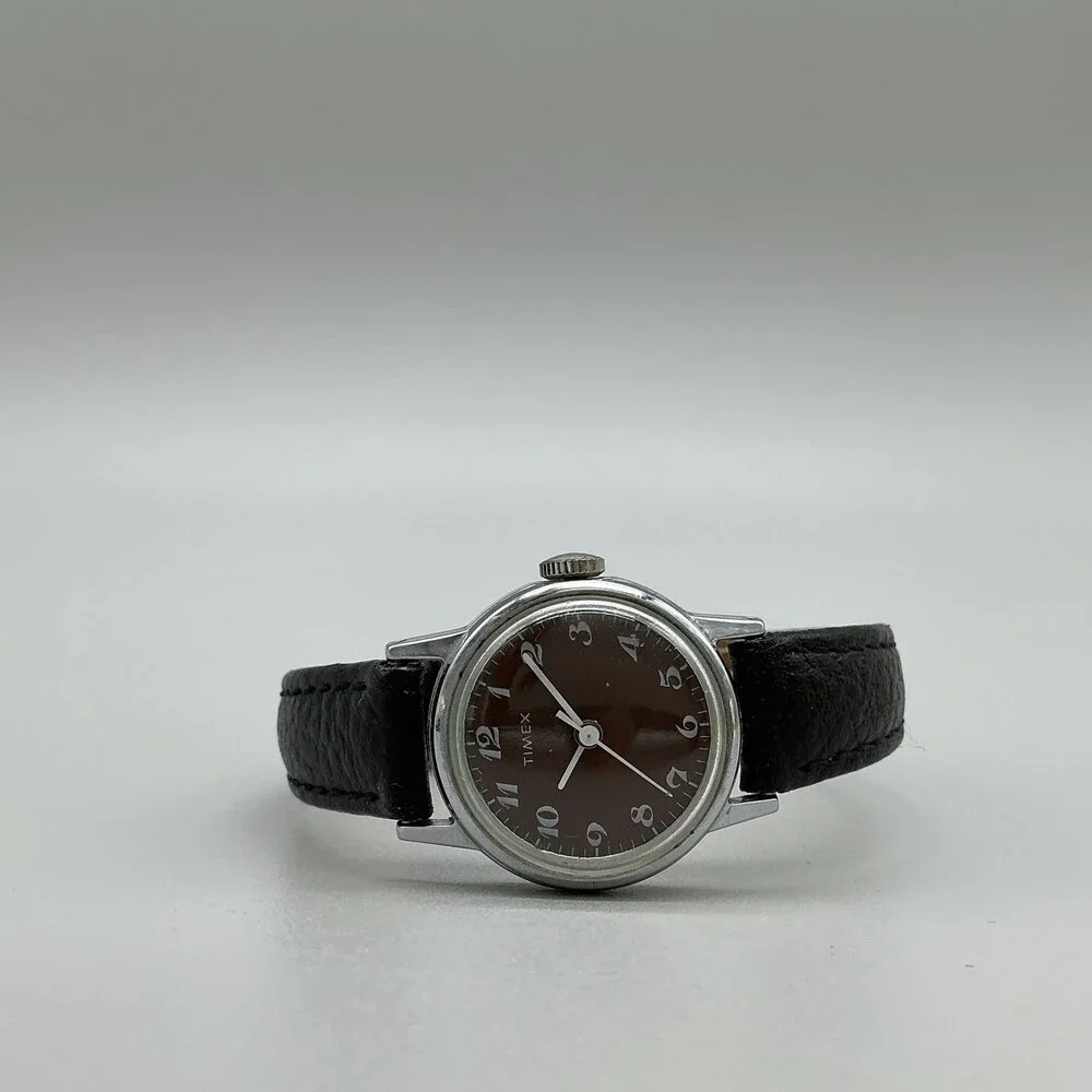 Vintage Timex Womens Watch 24mm Brown Dial Black Leather Strap Manual Wind